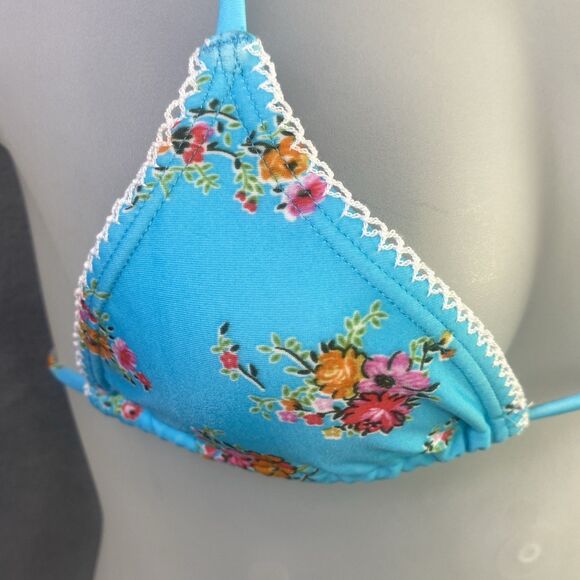 AGUA DOCE Brazilian 2-pc Bikini Size Large Blue Flowers Lace Trim Hip Tie - Picture 5 of 8